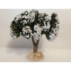 Arbre tronc bois, fleuri blanc, 12cm de haut